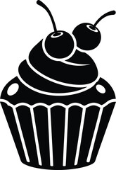 Cupcake with two cherries on top vector illustration. Black silhouette sweet dessert with fruit decoration on transparent background