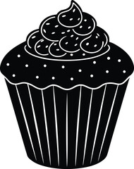 Cupcake black silhouette illustration with cream and dots for bakery logo or pastry shop emblem design element sweet treat