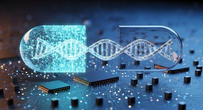 Futuristic concept of digital DNA and genetic technology on a computer circuit board.