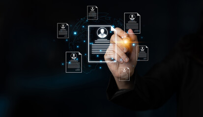 Concept of global talent acquisition and hiring. Human resources department reviewing candidate curriculum vitae and resumes for a job search and workforce selection process. Fermion