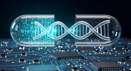 Futuristic concept of digital DNA and genetic technology on a computer circuit board.