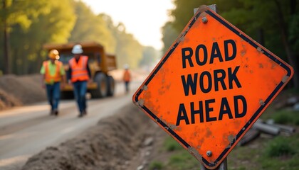 Orange Road Work Ahead sign warns drivers about ongoing road construction. Workers in reflective safety vests, hard hats walk near large yellow dump truck. Perform essential road maintenance,