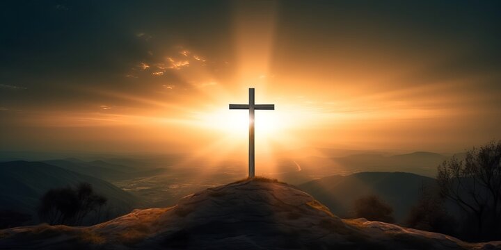 The cross of God in the rays of the sun. Cross on the hill. Religious concept