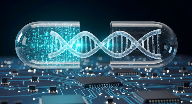Futuristic concept of digital DNA and genetic technology on a computer circuit board.