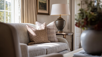 Cozy elegant living room interior receiving warm sunlight, stylish sofa with decorative pillows, table lamp, home decor