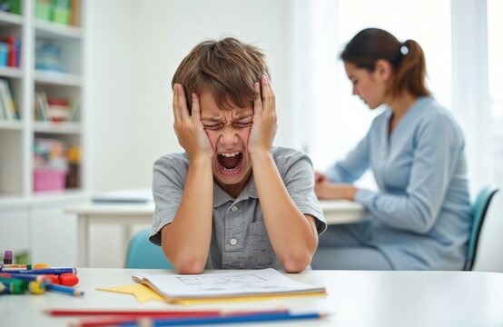 Boy screams covering ears during therapy session. Autistic child expresses frustration with behavior specialist. Kid struggles with sensory overload at desk. Autism therapy supports kid with
