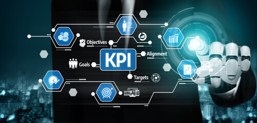 A businessman interacts with a modern graphical interface displaying KPIs, objectives, and targets, showcasing advanced technology in business performance management. Tessel