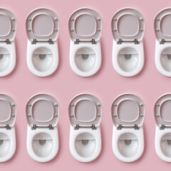 seamless pattern Grid of White Toilet Bowls with Open Lids on Pink Background in Top-Down View