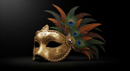 Naklejka premium Ornate gold masquerade mask with peacock feathers on dark background 