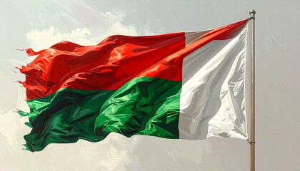 National Flag of Madagascar Waving Against a Cloudy Sky