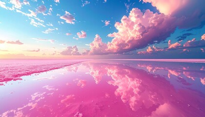 Vibrant Pink Salt Lake at Sunset with Reflective Sky and Mountain Silhouettes