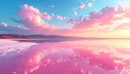 Vibrant Pink Salt Lake at Sunset with Reflective Sky and Mountain Silhouettes