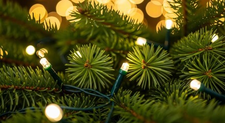Pine tree branches adorned with Christmas lights glowing softly  