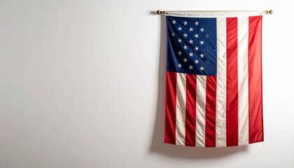 Vertical United States Flag Hanging on Wall with Gold Rod and Soft Shadow