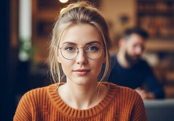 Young Woman in Glasses Sitting in Cozy Caf&eacute;. Autumn Warmth and Relaxed Mood