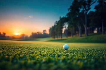 A single golf ball sits prominently on a vibrant green fairway bathed in the warm glow of a setting sun.