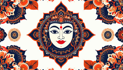 Seamless pattern of hindu goddess face with floral motifs