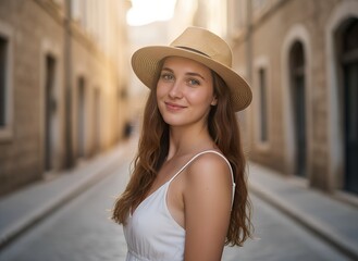 Smiling Woman in Straw Hat Posing on a Sunlit European Street