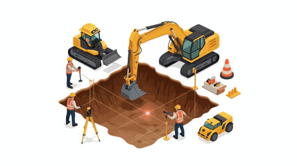 Fototapeta premium Isometric view of construction site with excavators workers and surveying equipment preparing foundation for building project