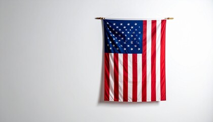Vertical United States Flag Hanging on Wall with Gold Rod and Soft Shadow
