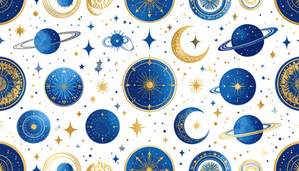 Seamless pattern of celestial moons and stars