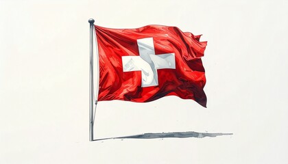 Waving Flag of Switzerland on Silver Pole with White Cross on Red Field