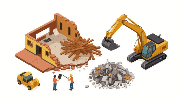 Isometric illustration of construction demolition site with excavator rubble pile and workers