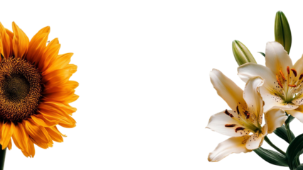 PNG of Bright sunflower and elegant white lilies create a cheerful and serene floral arrangement, showcasing nature's beauty.