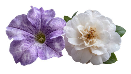 Obraz premium PNG of A vibrant purple petunia and a delicate white camellia, adorned with droplets, showcasing natural beauty and elegance.