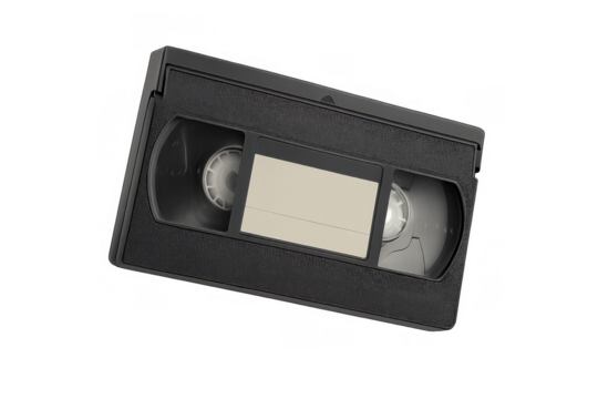 Vhs video cassette tape for analog vintage media showing retro technology with blank label for content