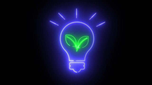 Neon light icon of light bulb with leaf inside
