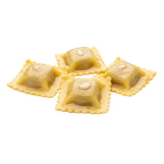 Four ravioli pasta squares isolated on transparent background, ready to be cooked