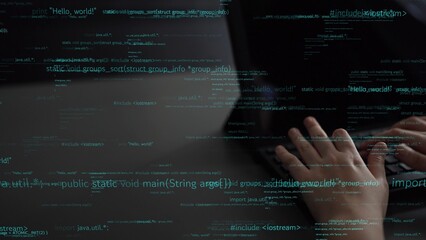 Close-up view of hands actively typing on a laptop while surrounded by floating snippets of code, representing modern programming and technology. Xenic