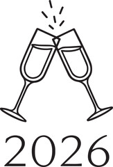Champagne Glasses and 2026 Typography Minimal Black Vector Greeting