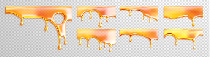 Set of realistic golden honey drips with transparent background in various flowing shapes and edges. Stream peanut and fudge down with set orange and vector splat illustration.