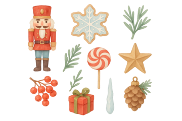 Holiday decorations featuring nutcracker, snowflake, candy, and festive items for joyful winter celebrations