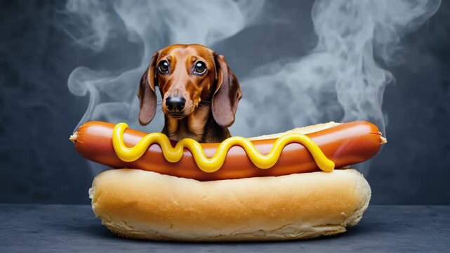 Funny dachshund dog inside hot dog bun with mustard, humorous concept