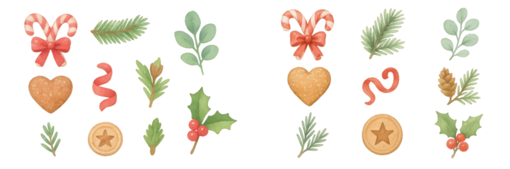 Festive collection of holiday decorations featuring gingerbread, candy canes, and greenery