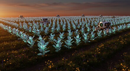 Harvest Festival in a futuristic setting with autonomous robots collecting holographic crops representing gratitude abundance and agricultural innovation