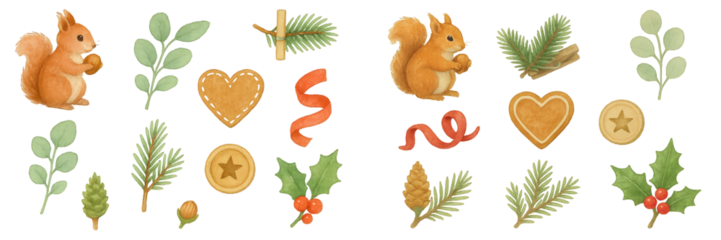 Cute squirrel and festive decorations with pine foliage, hearts, and holiday treats captured in a joyful winter setting