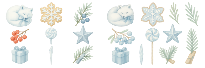 Cute winter-themed illustrations featuring animals, snowflakes, treats, and holiday decorations