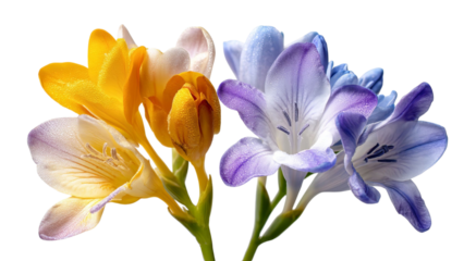 PNG of Vibrant freesia flowers in yellow, purple, and blue hues, showcasing delicate petals and intricate details.
