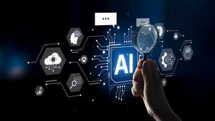 Concept of a cognitive and conversational AI. The central processor powers a chatbot, performs cloud data searches, and facilitates intelligent communication and support. Fermion