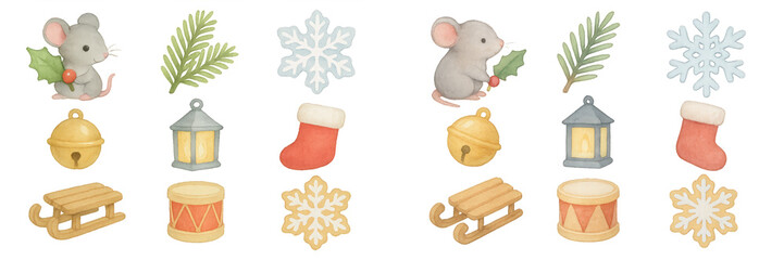 Cute winter illustrations of mice, snowflakes, holiday decorations, and festive items in a playful design