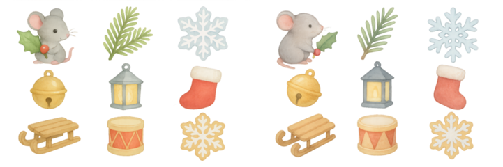 Cute winter illustrations of mice, snowflakes, holiday decorations, and festive items in a playful design