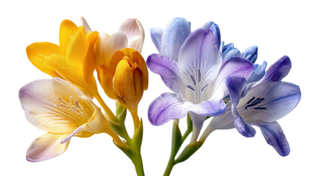 PNG of Vibrant freesia flowers in yellow, purple, and blue hues, showcasing delicate petals and intricate details.