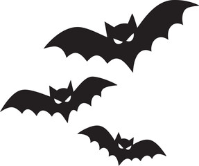 Set of Three Scary Black Bat Silhouettes with Evil Eyes Flying Isolated on White Background