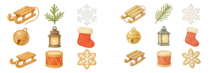 Colorful winter holiday items including sleds, snowflakes, and stockings arranged in a cheerful festive display