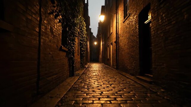 Moody view of a narrow, historic cobblestone alley illuminated by a warm glowing streetlamp in the darkness