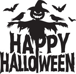 Fototapeta premium Happy Halloween Greeting with Scary Scarecrow Silhouette, Bats, and Crows Isolated on White Background